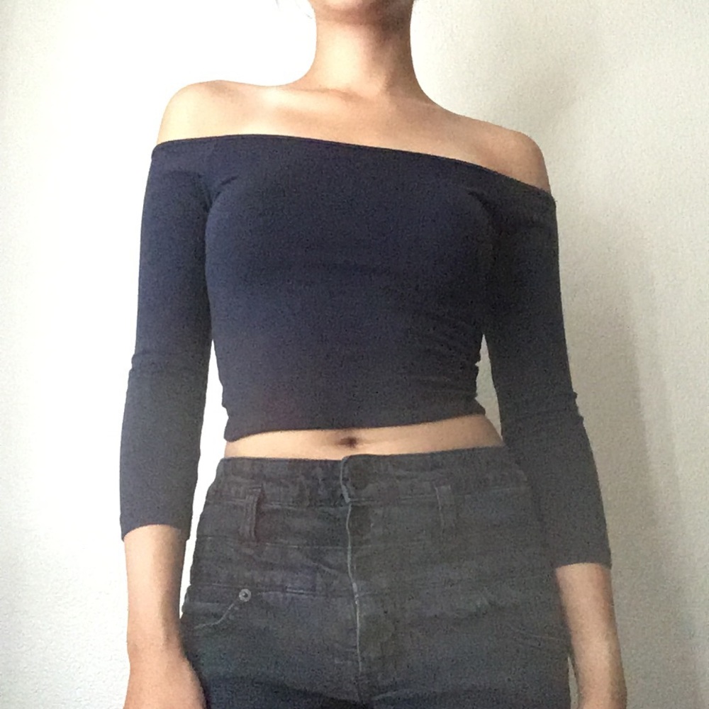 Hollister Navy Blue Off-The-Shoulder Crop Top
